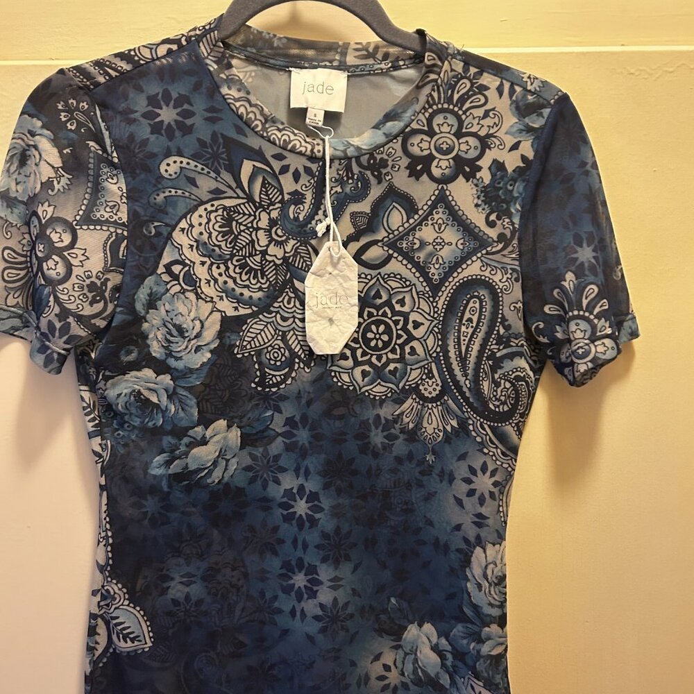 Jade Blue Floral Paisley Short Sleeve Top